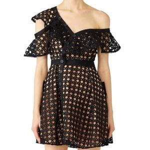 self-portrait one shoulder guipure lace mini dress